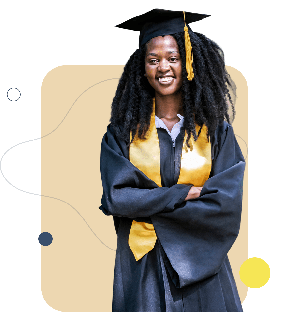 Smiling graduate in cap, gown, yellow sash