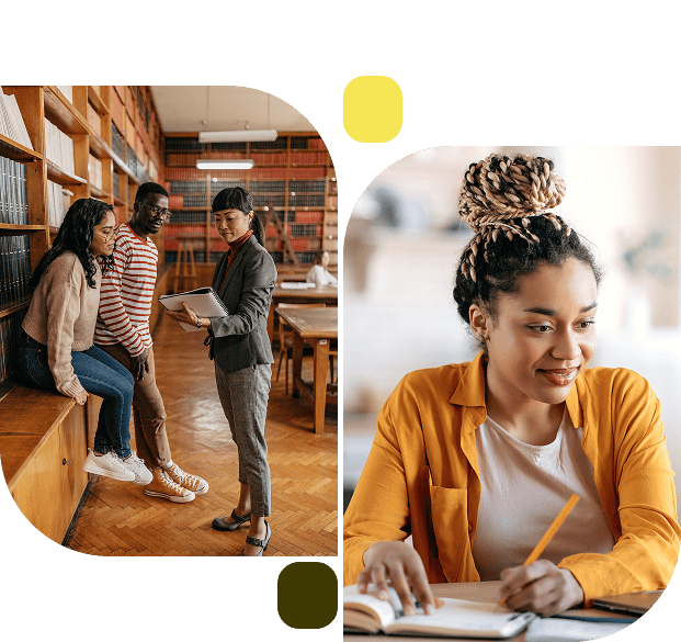 Students in library and woman studying