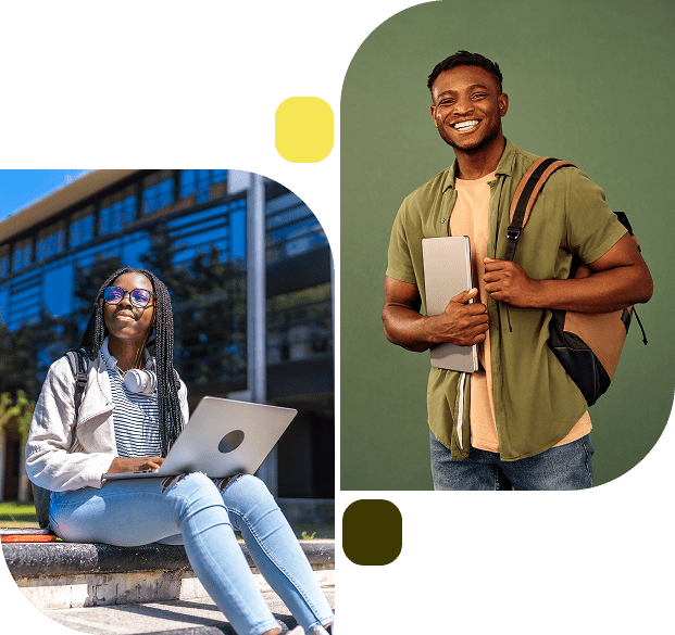 Two smiling students with laptops and backpacks