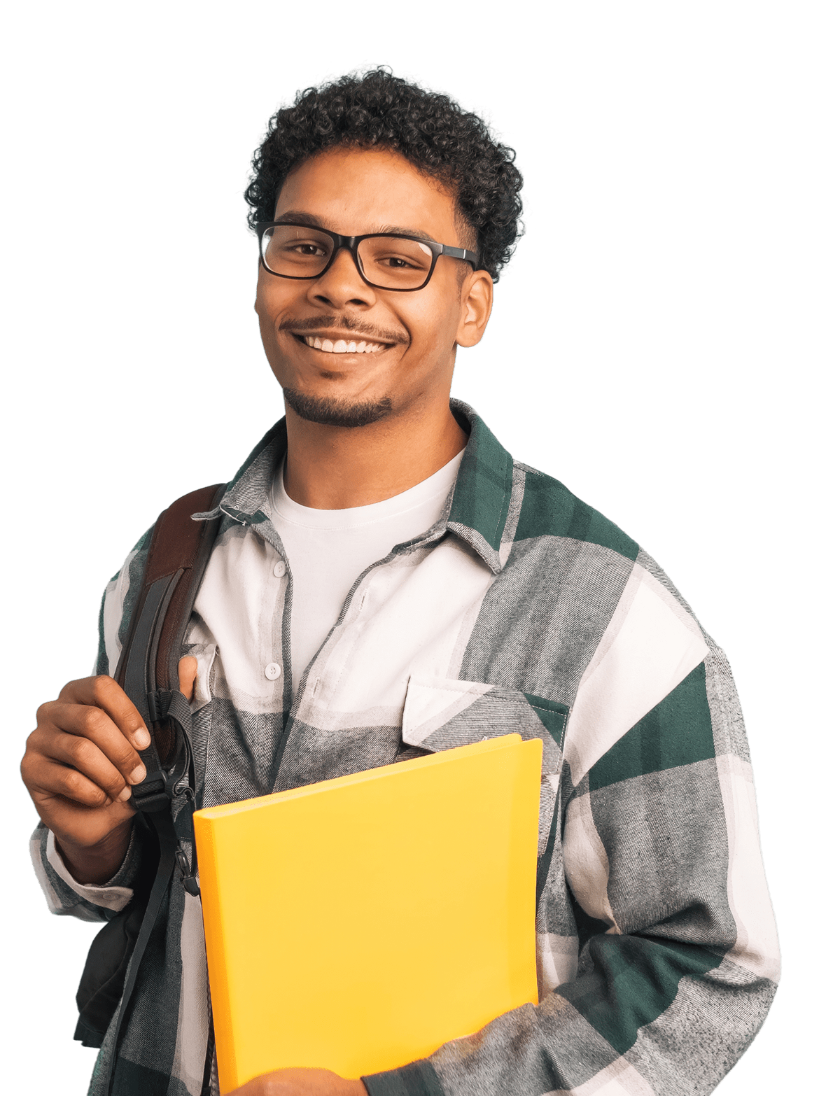 Smiling student with glasses holding yellow folder